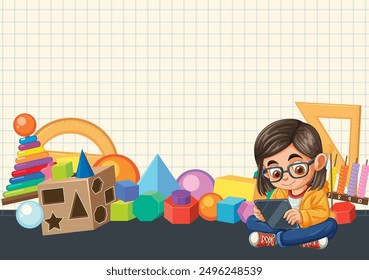 Child playing with tablet and geometric toys