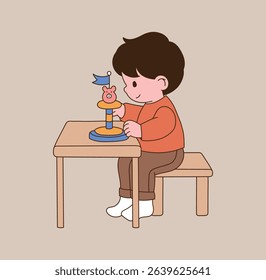 A child playing with toys, dolls. minimal line illustration.	
