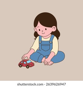 A child playing with toys, dolls. minimal line illustration.	
