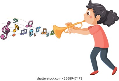 Child playing trumpet with colorful musical notes