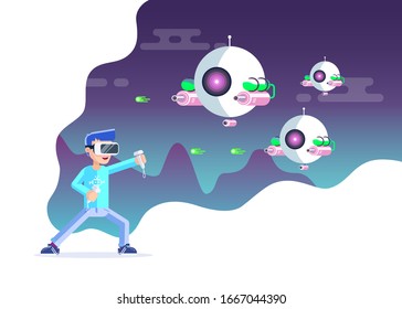 Child playing virtual reality video game fighting slime shooting robots