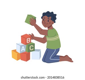 Child playing wooden cubes with abc alphabet letters. Isolated boy learning by games. Kindergarten activities or preschool preparation, lessons and classes at daycare. Flat cartoon character vector