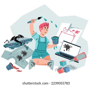 Child plays carelessly and makes a mess. Child is not accustomed to discipline and order, naughty, hyperactive and with behavioral problems, flat vector illustration isolated on white background.