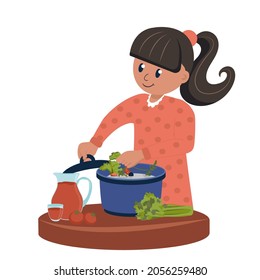 The child plays a childish game the cook prepares food. Cartoon vector illustration isolated