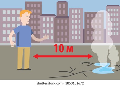 a Child plays outside near an emergency dangerous area. Children's safety: do not play near holes, cracks in the asphalt, fumes, heating mains. Vector illustration. Flat infographics
