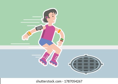 The child plays outside on the road. Child safety: do not step on the hatch, sewer hatch, rollerblading on the road. Vector illustration. Flat infographics