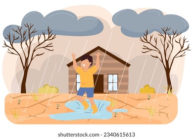 A child plays in the rain after a drought. Abnormal heat. Drought.