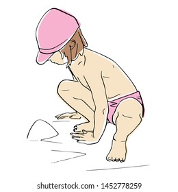 Child plays with sand. Silhouette of kid in shorts and baseball cap. Black isolated contour and colors. Hand drawn style. Vector element. Colorful flat illustration.