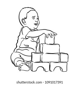 A child plays with toys for development vector hand drawing