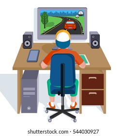 Child plays video games on the computer. Vector illustration flat style.