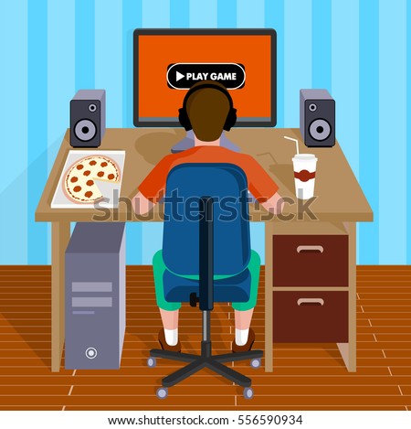 Child plays video games on the computer. Vector illustration flat style.