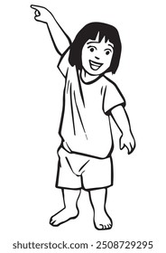 A child is pointing backward. Illustration in outline and vector format.