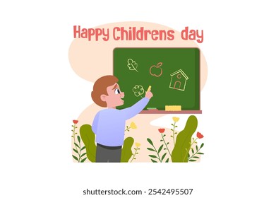 Un enfant montrant un tableau noir avec des dessins tandis que des fleurs et des plantes. Illustration vectorielle