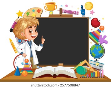 Child pointing at chalkboard with educational elements