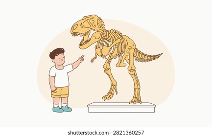 Child Pointing at Dinosaur Model in Museum Showing Excitement for Scientific Learning Vector