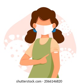 Child pointing his finger at the vaccinated hand. The concept of health, the spread of the vaccine, healthcare, call of fight against coronavirus. Colorful vector illustration in flat style.