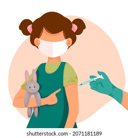 Child pointing his finger at the vaccinated hand. The concept of health, the spread of the vaccine, healthcare, call of fight against coronavirus. Colorful vector illustration in flat style.