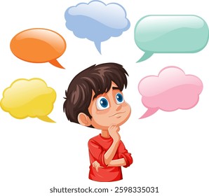 A child pondering surrounded by colorful speech bubbles