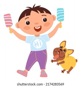 Child with popsickles in hands and funny dog. Happy cartoon boy