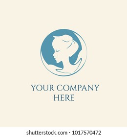 Child portrait with protective hands in a round shape icon.Adoption, education and care vector illustration.