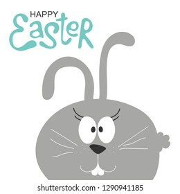 Child poster with cute smile bunny and hand drawn text on white background. Vector funny animal for holiday happy Easter. Kid rabbit print with lettering. Greeting card design