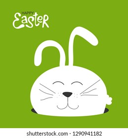 Child poster with cute smile white bunny and hand drawn text. Vector funny animal for holiday happy Easter. Kid rabbit print with lettering. Greeting card design