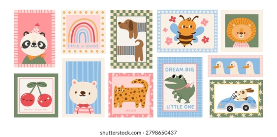 Child poster. Kid room decor. Cartoon trendy playful print with cute characters. Animals, quotes on templates for playroom, kindergarten classroom. Vector concept.