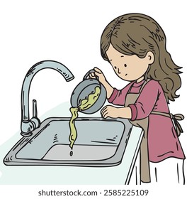 Child Pouring Leftover Soup into the Sink - Food Waste and Environmental Awareness Illustration