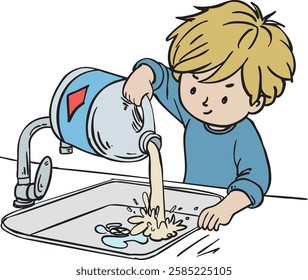 Child Pouring Liquid Down the Sink - Environmental Awareness and Waste Management Illustration