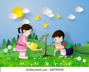 Child pouring water on the trees are growing.paper art style.