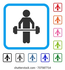 Child Power Lifting icon. Flat gray iconic symbol in a light blue rounded rectangular frame. Black, gray, green, blue, red, orange color additional versions of Child Power Lifting vector.