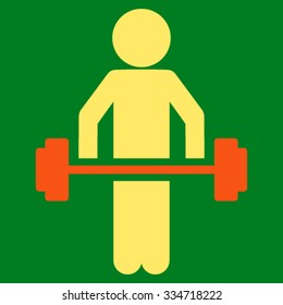 Child Power Lifting vector icon. Style is bicolor flat symbol, orange and yellow colors, rounded angles, green background.