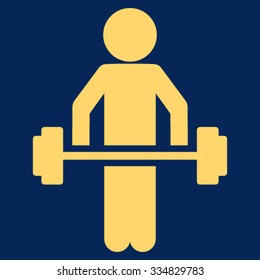 Child Power Lifting vector icon. Style is flat symbol, yellow color, rounded angles, blue background.