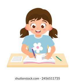 Child practice her hand writing skill on a worksheet book. Concept for learning and education.