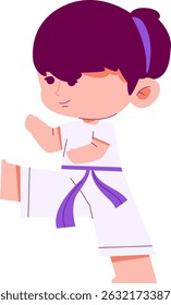 Child practicing martial arts,  in a cartoon style. Vivid colors and simple shapes.  Indoor setting, likely used for illustration or learning materials.