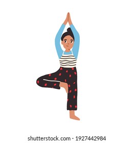 Child Practicing Yoga Exercises And Standing In Tree Or Vrikshasana Pose. Happy Smiling Girl During Workout. Colored Flat Vector Illustration Isolated On White Background