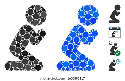 Child pray composition of spheric dots in different sizes and color tinges, based on child pray icon. Vector round dots are united into blue illustration.