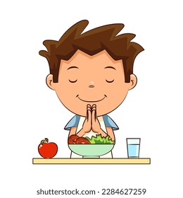 Child praying before meal, kid giving thanks, eat salad