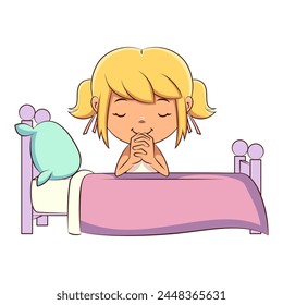 Child praying on bed, hands clasped, kneel