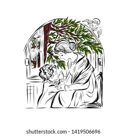 Child prays to God sitting on his knees in front of his mother in the garden, and  guardian angel watches them. Biblical heavenly symbol of man with wings. Coloring page. 