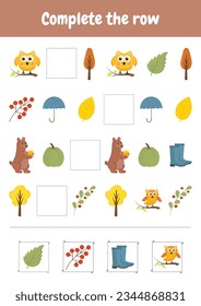 Child preschool activity worksheet. Complete the row. What comes next. Education logic game for children, preschool, kindergarten homeschooling. Autumn objects.