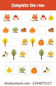 Child preschool activity worksheet. Complete the row. What comes next. Education logic game for children, preschool, kindergarten homeschooling. Autumn objects.