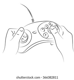 The child presses a remote game console. Vector illustration