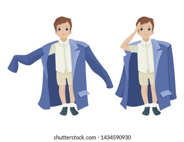 Child is pretending to be adults, dressed his father's clothes, large size. Gives honor. Vector character in different poses on a white background. Vector flat illustration, cartoon design