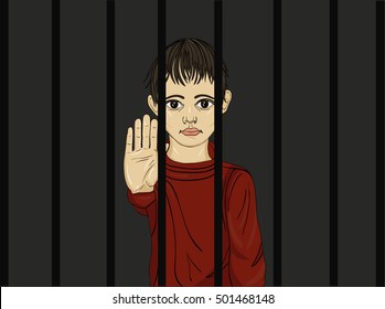 The Child In Prison. Children Of Criminals. Behind Bars. Juvenile Criminals. Angry And Unhappy Boy Showing Hand Sign Enough. Against Violence. Stop The Violence. Pop Art Vector Illustration