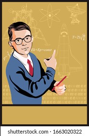 Child Prodigy, Young Genius Education Propaganda Poster, Scholar, Formulas, Spacecraft Drawings