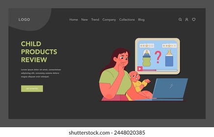 Child products review blog concept. Concerned parent scrutinizes baby items online, representing diligence of modern digital parenting. Help of online family blogs in shopping. Vector illustration