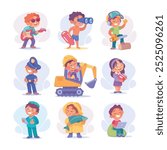 Child Profession Doing Different Job in Costume Vector Set
