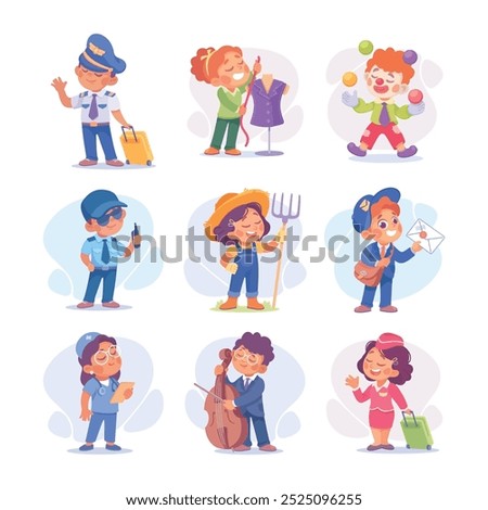 Child Profession Doing Different Job in Costume Vector Set