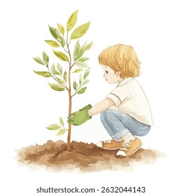 A child in profile view, wearing light-colored clothing and gardening gloves, carefully plants a small tree with vibrant green leaves.